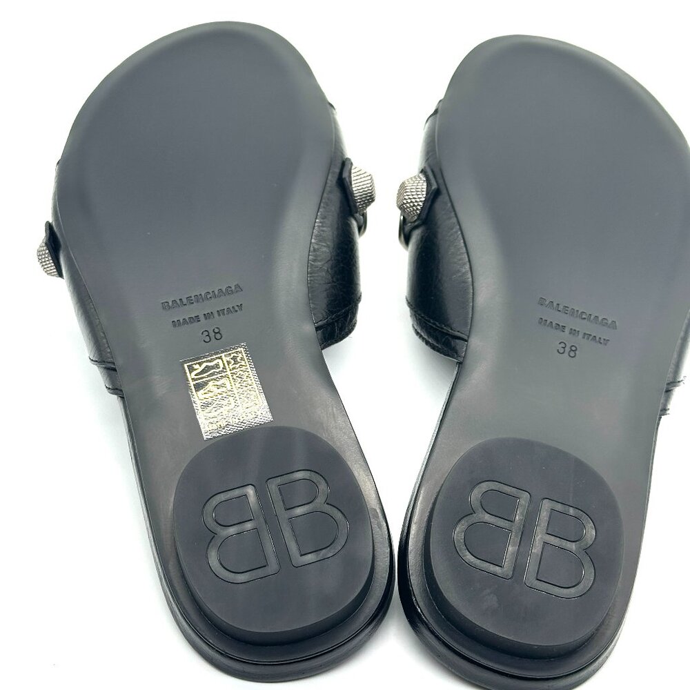 BALENCIAGA Cagole Studded Buckled Arena Leather Flat Slides Mules Sandals - Picture 15 of 16